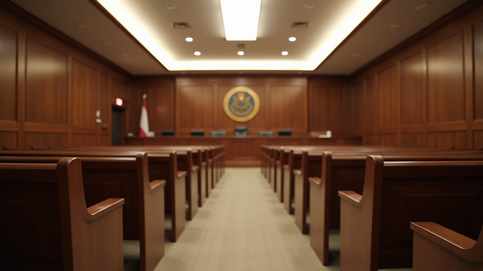 Eye-level view of a courtroom with empty benches