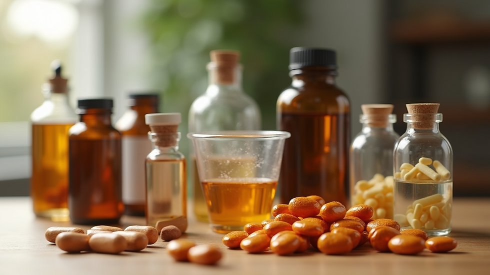 Close-up view of assorted vitamin and supplement bottles on a wooden table
