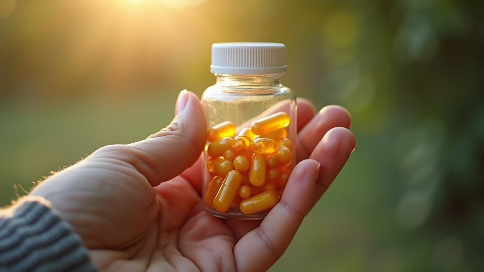 Close-up view of a hand holding a bottle of vitamin capsules