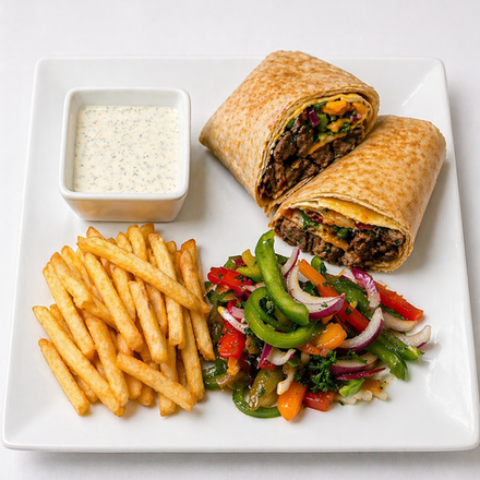 Signature Beef Wrap served in a soft tortilla with seasoned beef, fresh garden vegetables, fries, and garlic sauce.