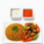 Grilled chicken kabobs served with sautéed yellow rice, sweet peppers, and our signature sauces.