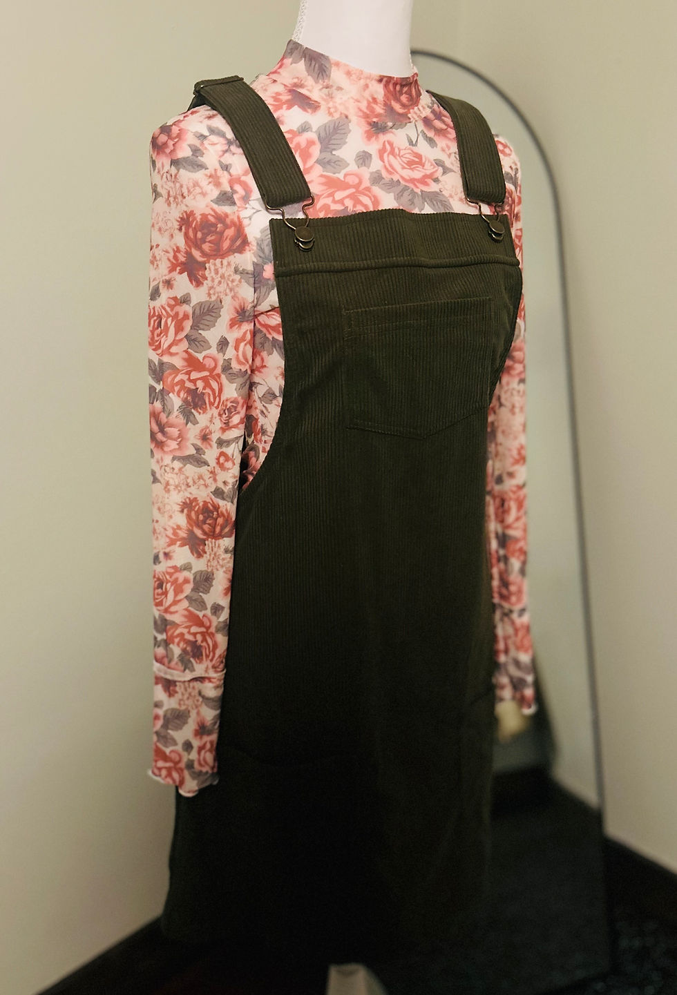 Thumbnail: Vineyard Green Solid Front Pockets Sleeveless Corduroy Overall Dress
