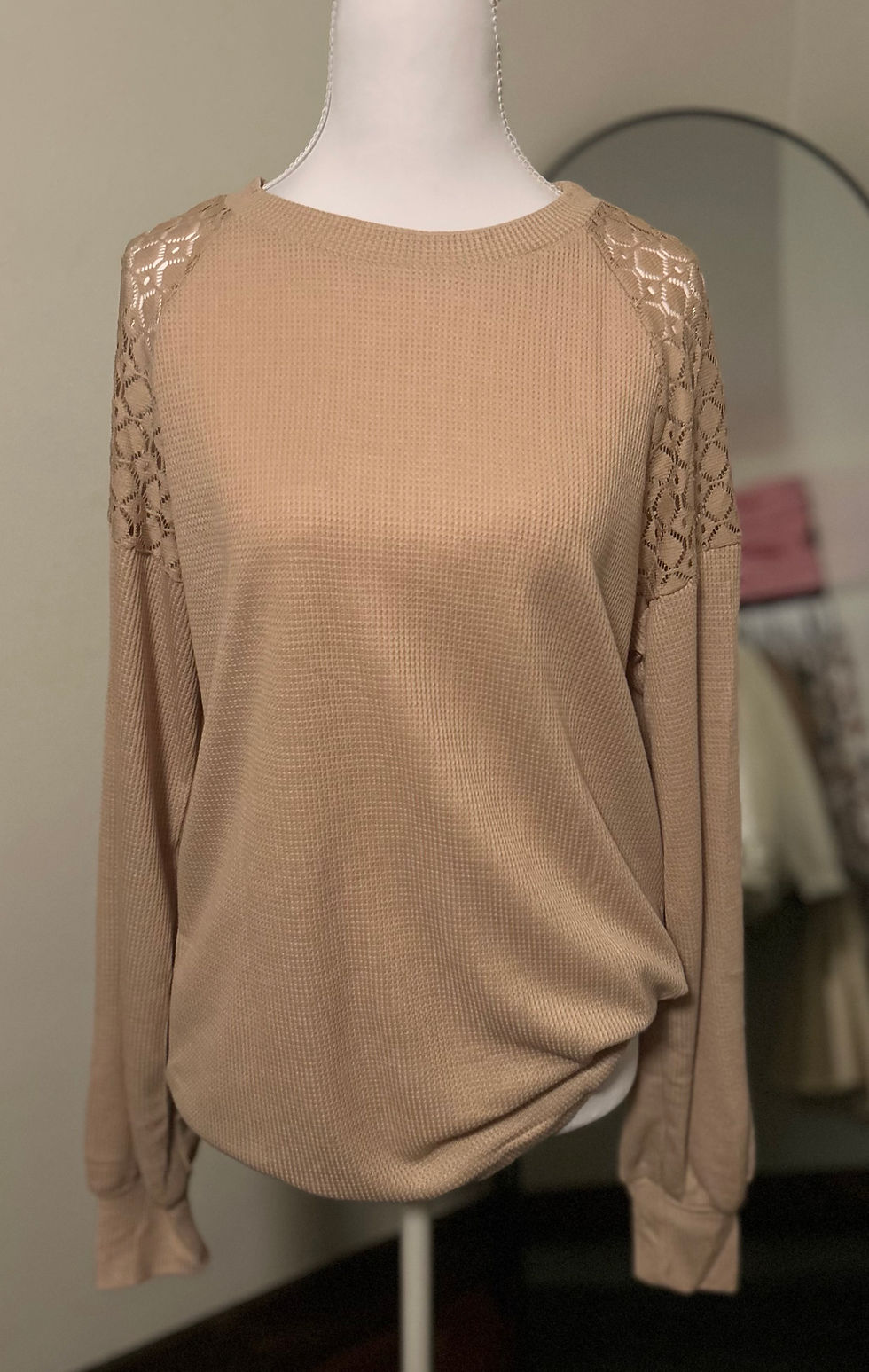 Thumbnail: Khaki Lace Long Sleeve Textured Pullover