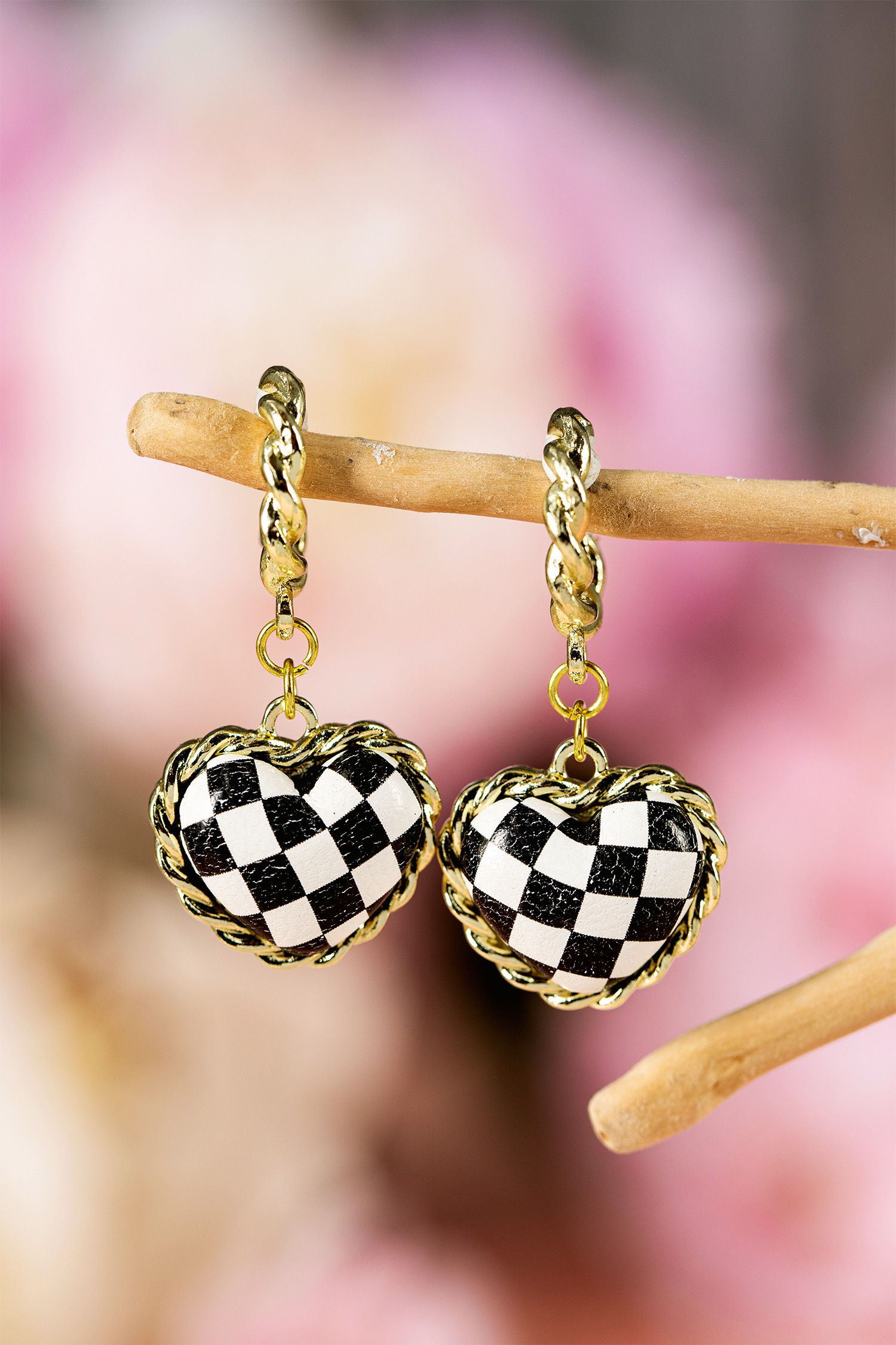 Checkered Heart Gold Plated Earrings 