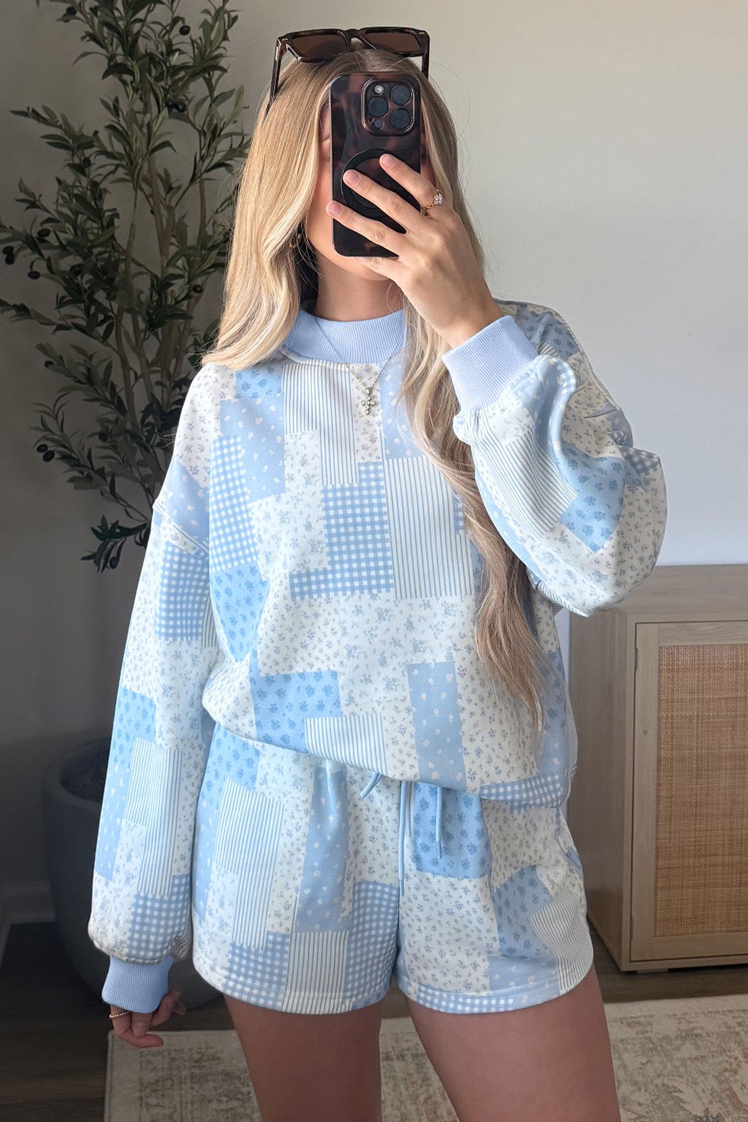 Sky Blue Patchwork Pullover Shorts Set