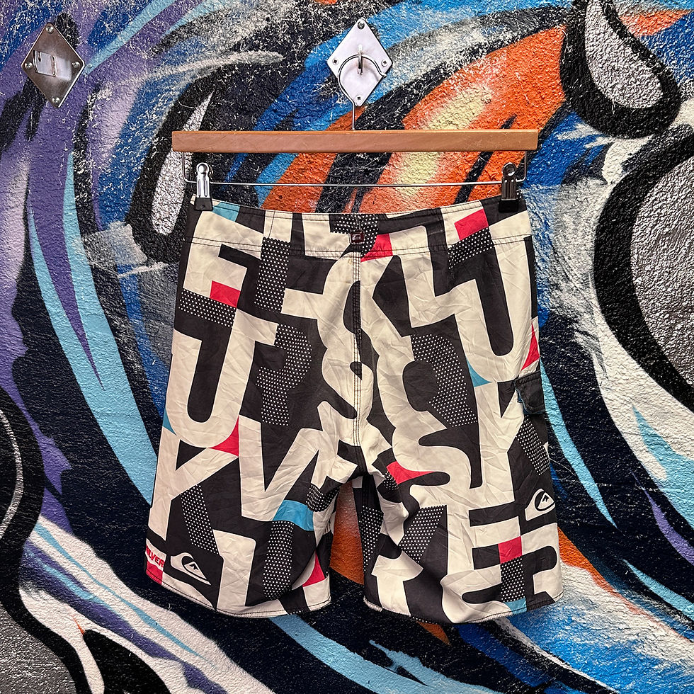 Thumbnail: QUIKSILVER BLACK BOARDSHORTS WITH WHITE MULTI SPELLOUT PINK BLUE SQUARES
