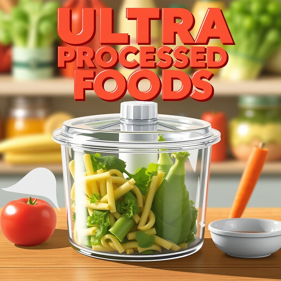 Text 'ULTRA PROCESSED FOODS' above a food processor container.