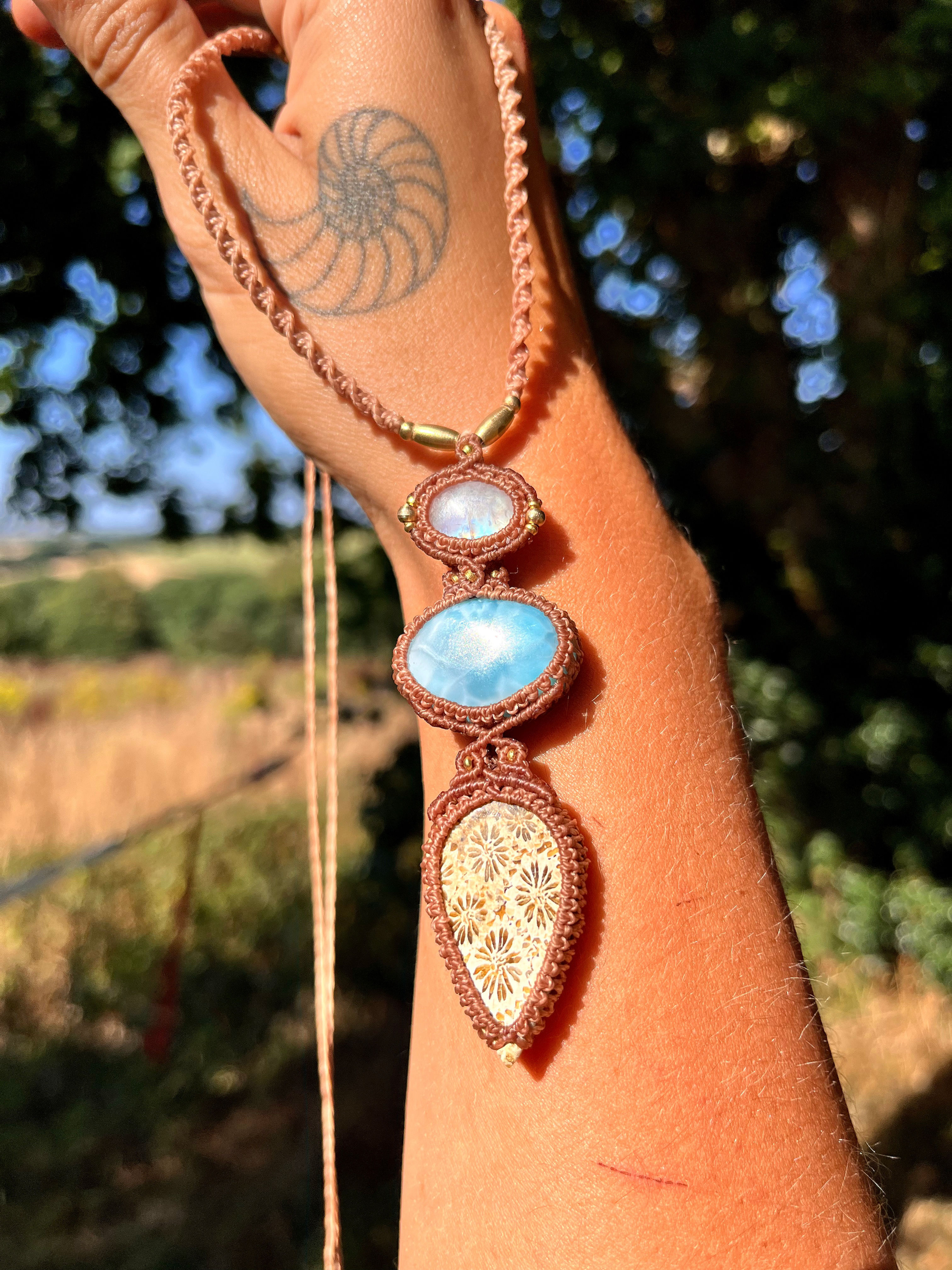 Ocean Oracle Rainbow Moonstone • Larimar • Fossil Coral Necklace