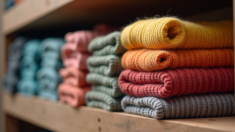 Close-up view of a neatly folded stack of colorful sweaters on a wooden shelf