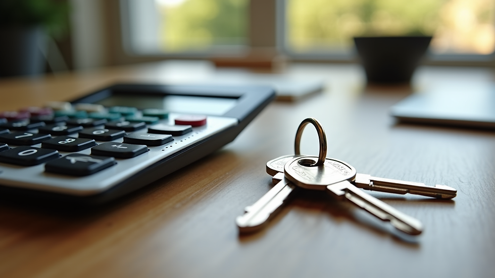 Close-up view of a calculator and house keys on a wooden table
