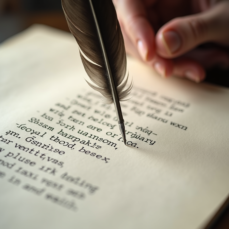 A vintage inkwell and quill resting on deeply textured paper, suggesting a moment of creative reflection.