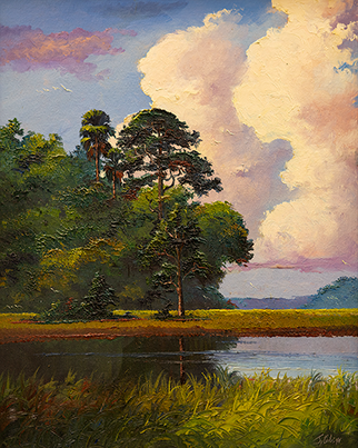 Painting of Piney woods and water, heavy palette by James Gibson