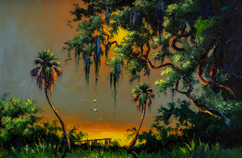 Painting Willie Daniels, 24 x 36, Yellow Sunset River Jungle Scene 24