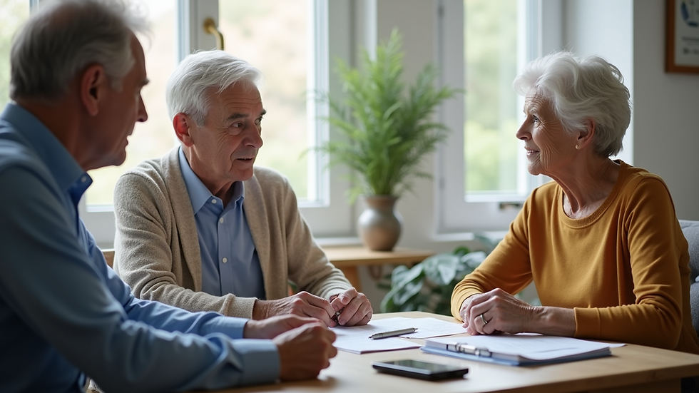 Eye-level view of a senior couple discussing Medicare options
