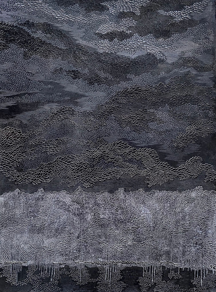 Anne_gaiss_FLYINGRIVER1_ 90x66_feuille_argent_noire-Encre_noir_papier_indien_incisé_scalpe