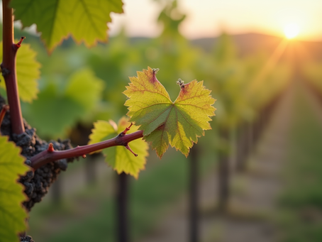 Vue en plongée d’un rang de vignes au printemps avec des bourgeons naissants