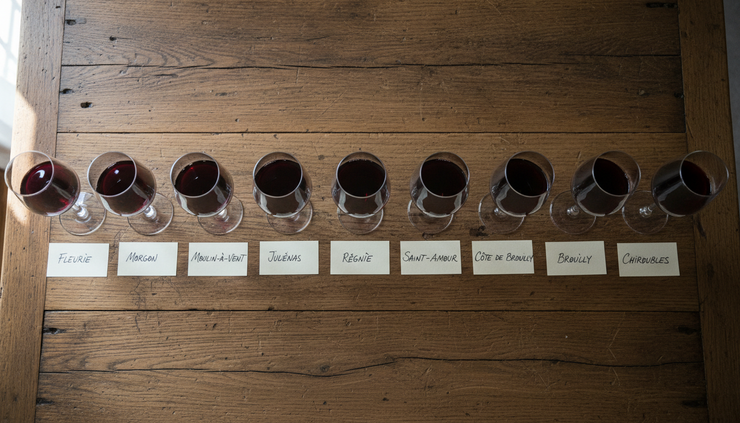 Vue en plongée de dix verres de vin rouge alignés sur une table en bois