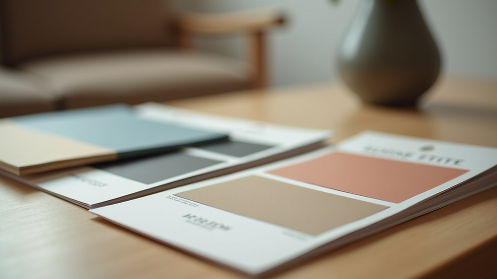 Close-up view of paint swatches and flooring samples on a table