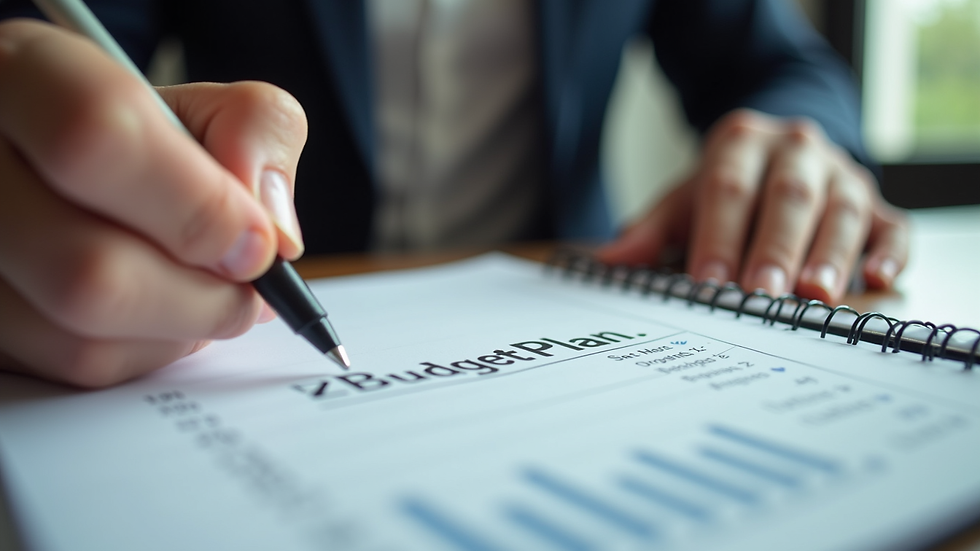 Eye-level view of a person writing a budget plan on a notebook