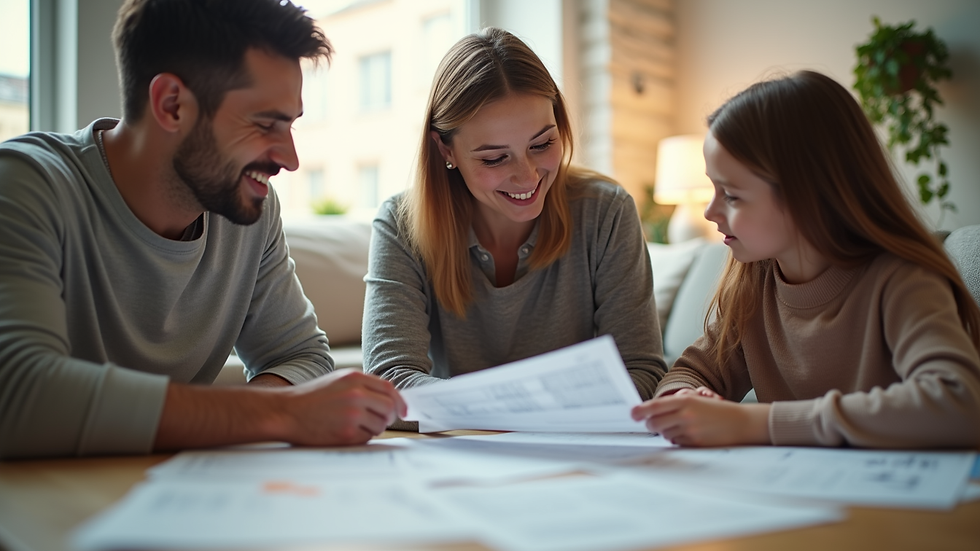Eye-level view of a family reviewing financial documents at home