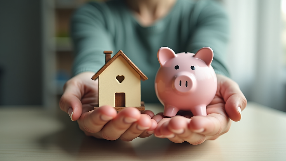 Close-up view of hands holding a house model and a piggy bank