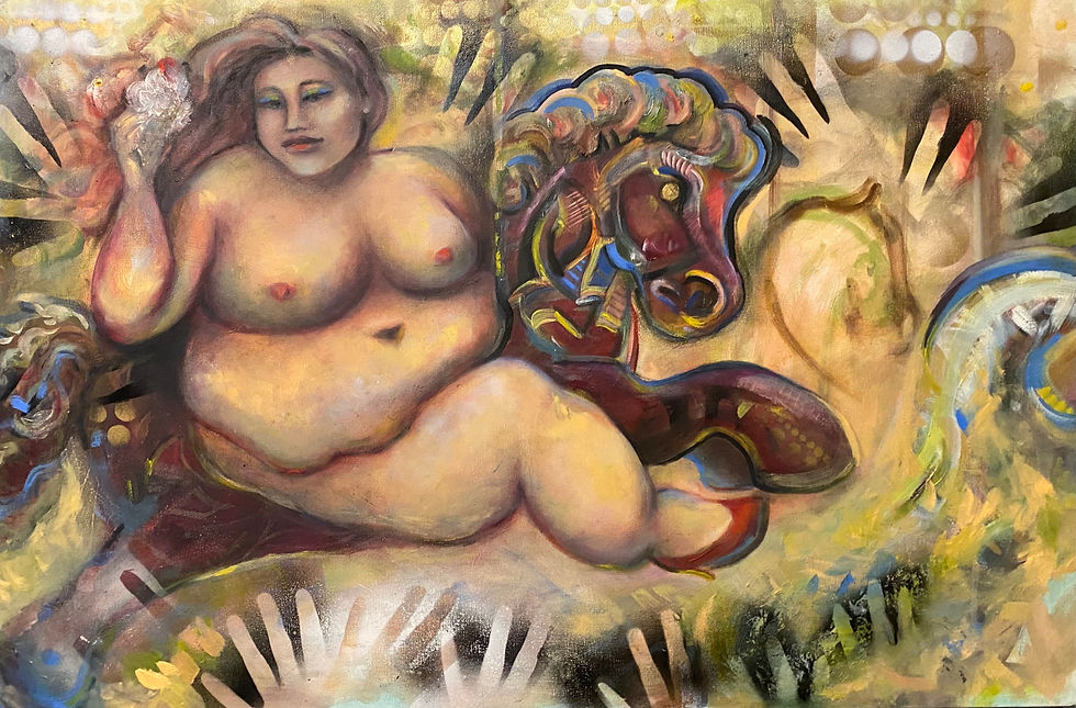 BBW, carousel, babes, women, painting, Tara Hunt, art, carnival, merry go round, ice cream, fat ladies