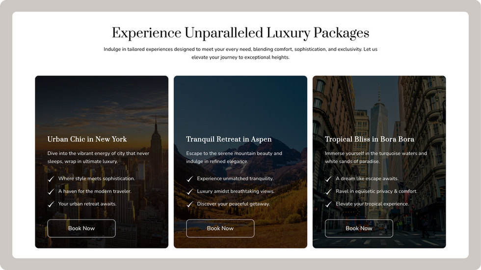Luxury Travel Template, wix studio template, Packages page