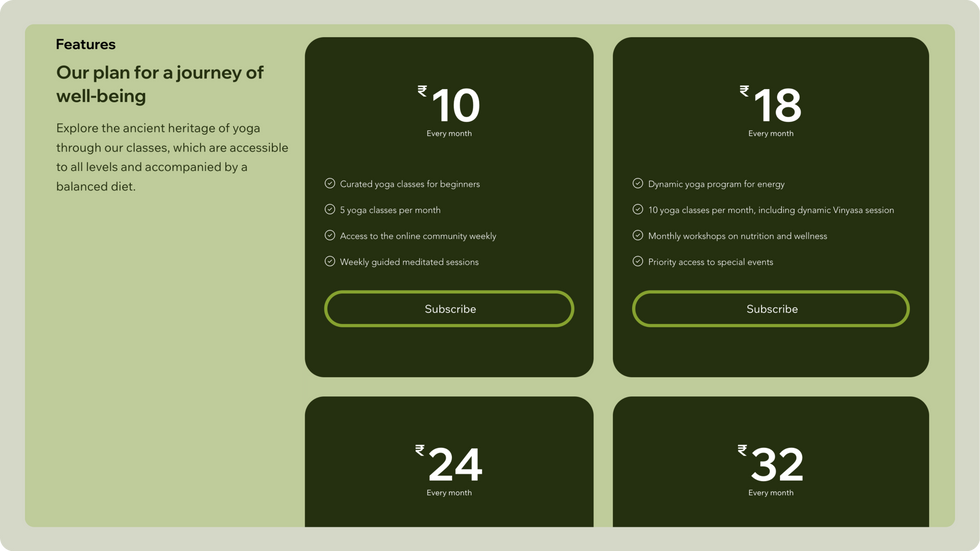 Yoga Studio Template, wix studio template, Pricing plan page