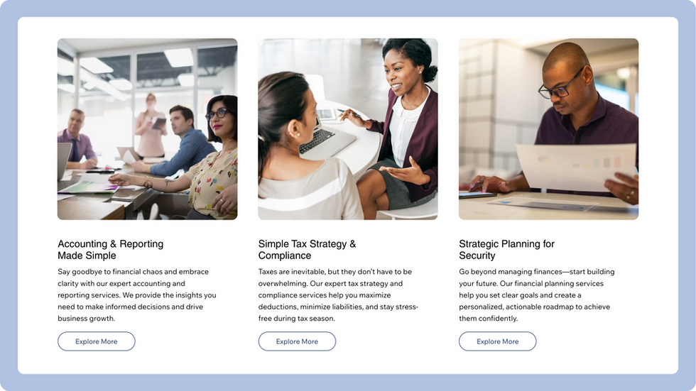 Accounting Services Template, wix studio template, Services page