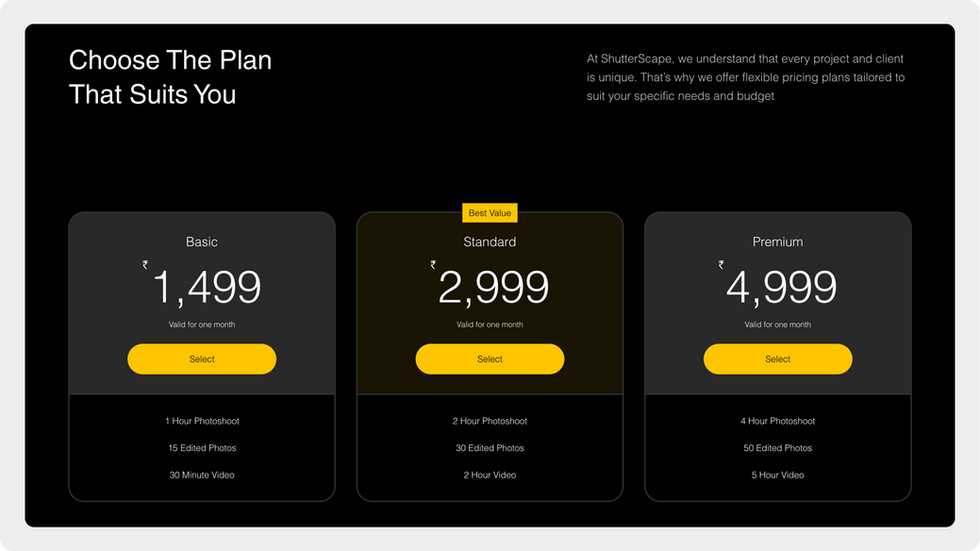 Photography Studio Template, wix studio template, Pricing Plan page