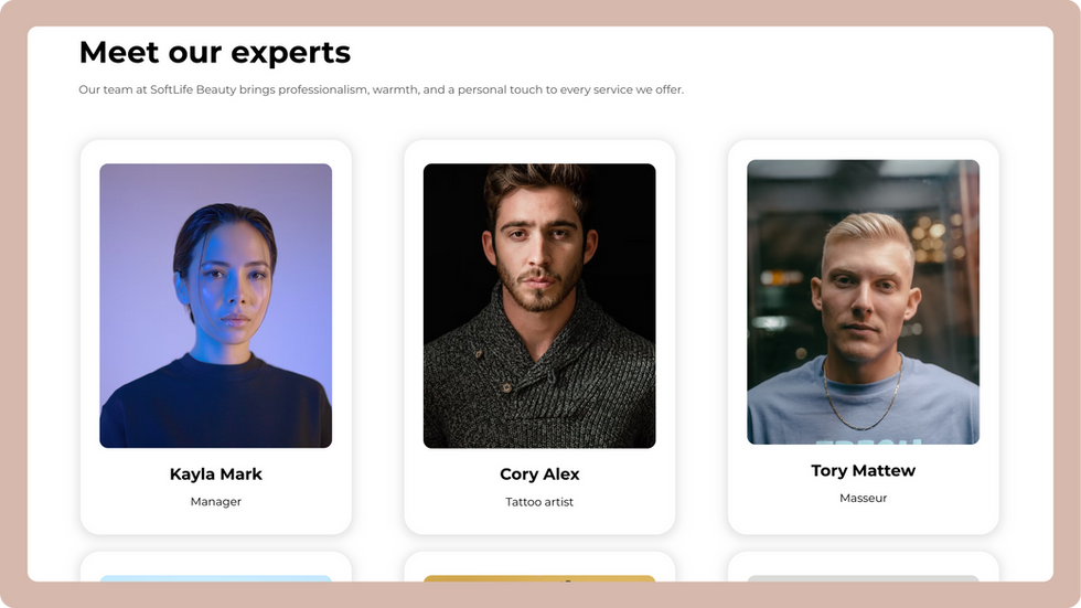 Beauty Salon Template, wix studio template, Meet our Experts page