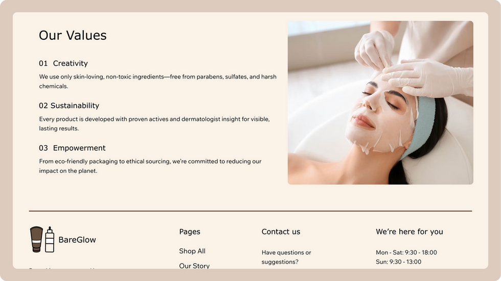 Skincare Products Template, wix studio template, Values page