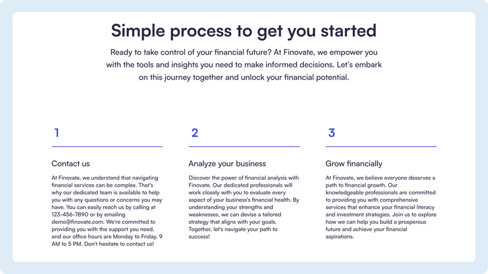 Financial Advisory Template, wix studio template, Process page