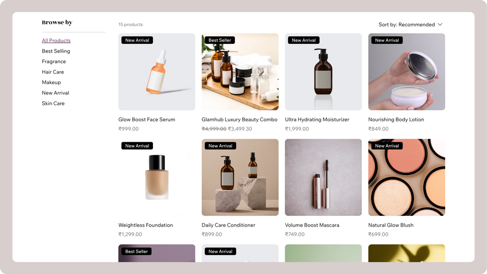 Beauty Store Template, wix studio template, Products page