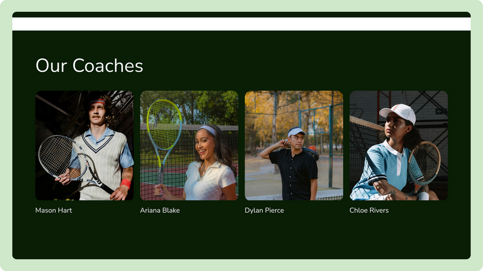 Tennis Academy Template, wix studio template, Coaches page