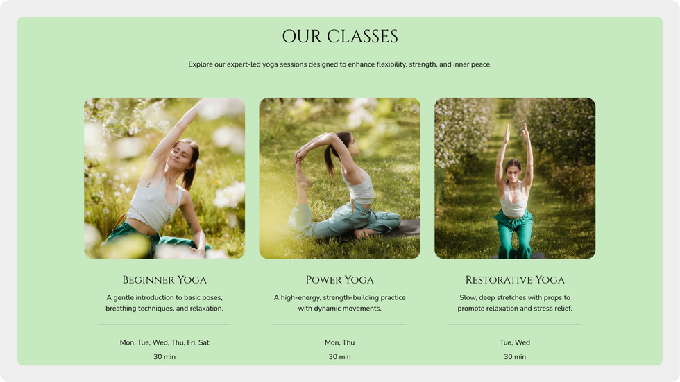 Personal Yoga Trainer Template, wix studio template, Classes page