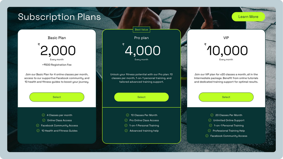 Fitness Training Template, wix studio template, Pricing Plan page