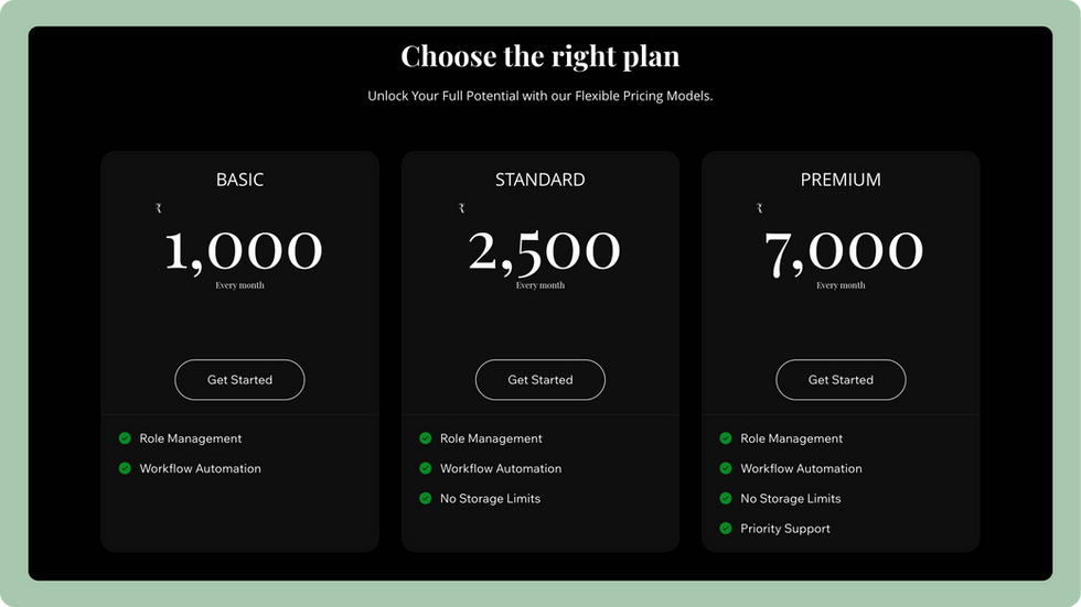 SaaS Platform Template, wix studio template, Pricing Plan page