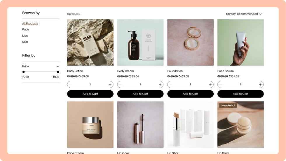 Beauty Products Template, wix studio template, Shop page