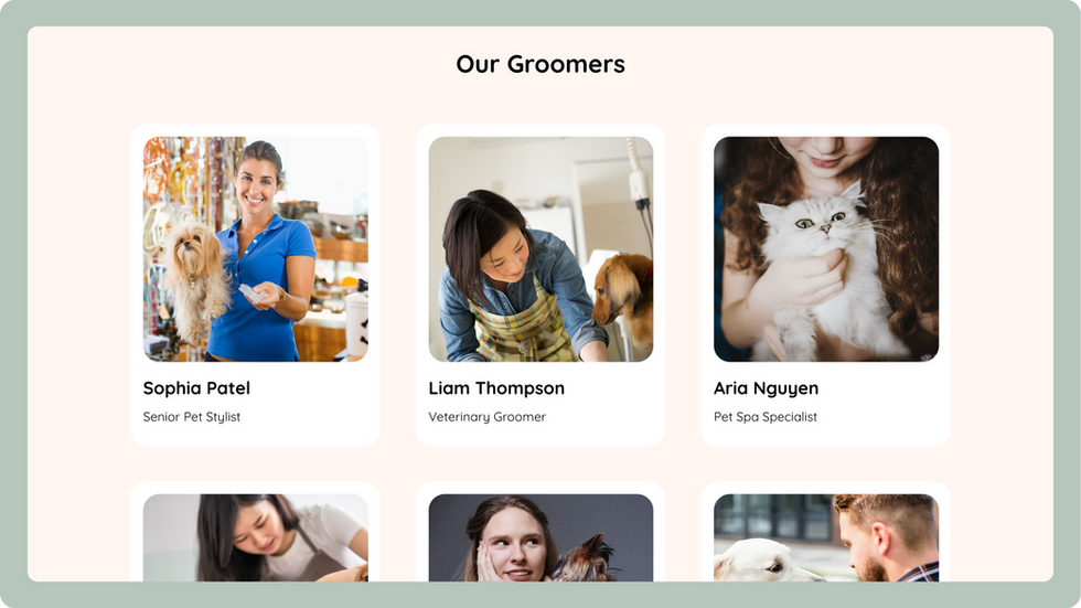 Pet Care Template, wix studio template, Our Groomers page