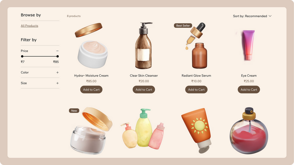Skincare Products Template, wix studio template, Products page