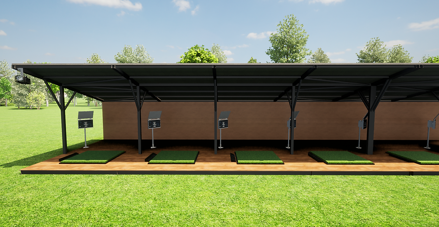 Illustrative concept visualisation of a compact covered driving range with hitting bays