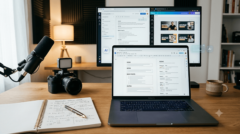 AI YouTube Creator workspace showing video script, scene planning, camera and content creation setup