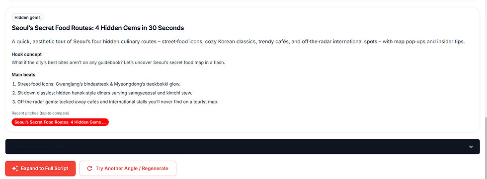 Webpage draft titled Seoul’s Secret Food Routes: 4 Hidden Gems in 30 Seconds, listing food spots and a red Recent pitches button.