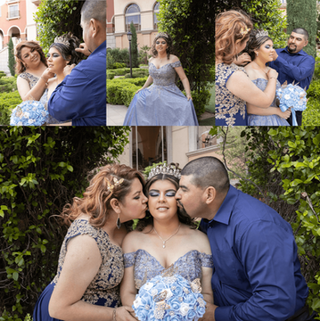 Quinceañera wearing a premium blue dress posing with her family in front of the lake and hotel at Lake Las Vegas. Professional photography capturing elegance, family connection, and memorable moments.