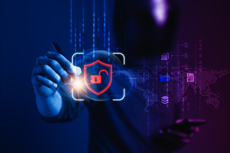 Modern security as a skilled individual's hand adeptly maneuvers the virtual screen, forti