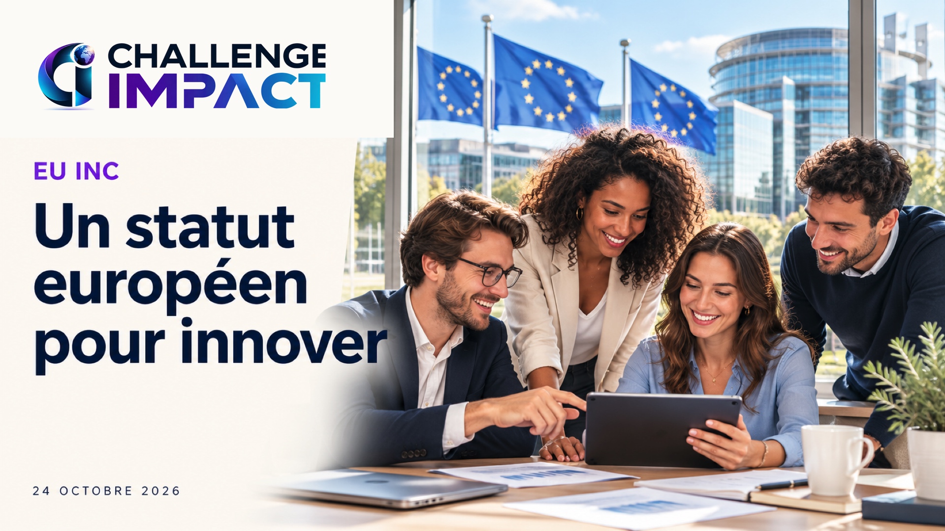 Couverture Challenge Impact montrant des entrepreneurs européens préparant une création d’entreprise transfrontalière.