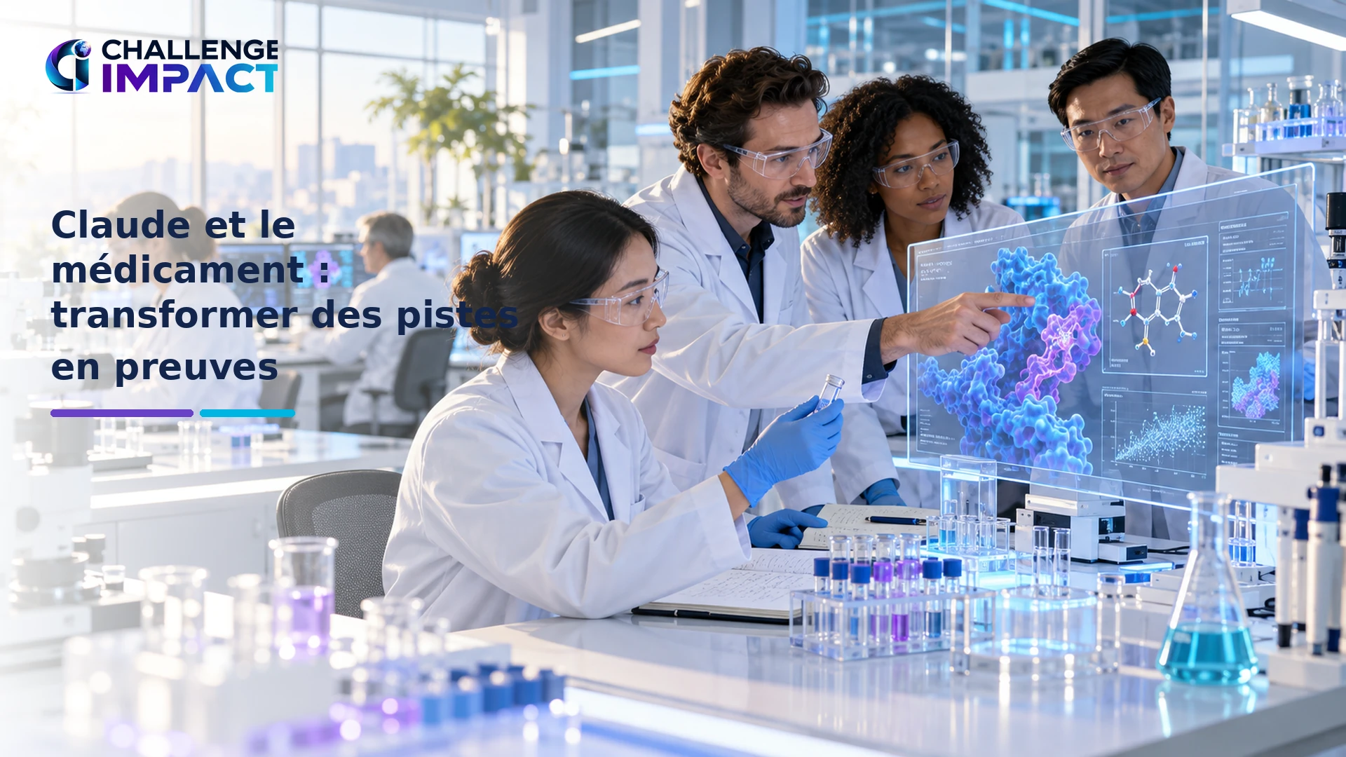 Scientifiques vérifiant en laboratoire une piste moléculaire proposée avec l’aide d’une intelligence artificielle.