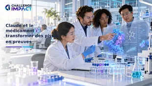 Scientifiques vérifiant en laboratoire une piste moléculaire proposée avec l’aide d’une intelligence artificielle.