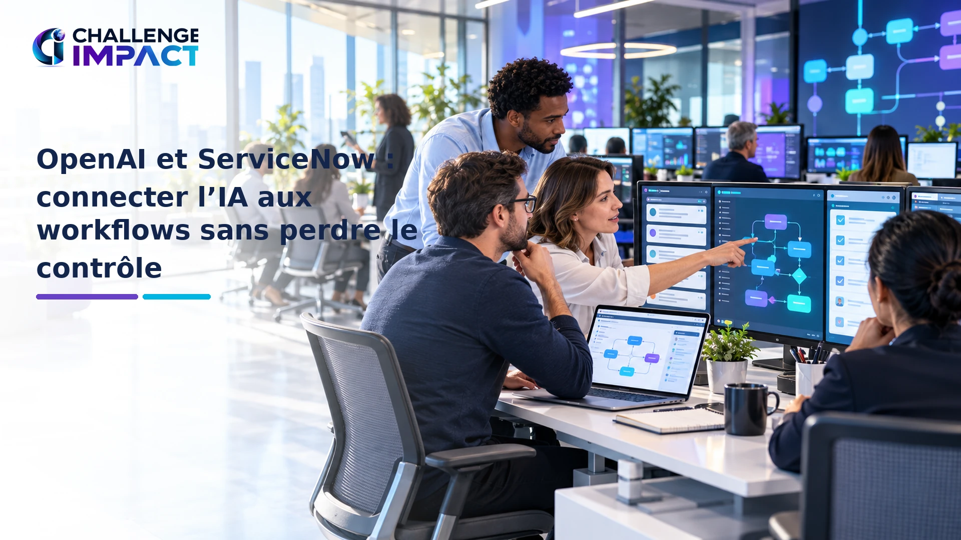 Équipe IT supervisant des workflows, tickets et validations assistés par intelligence artificielle dans un centre de services lumineux.